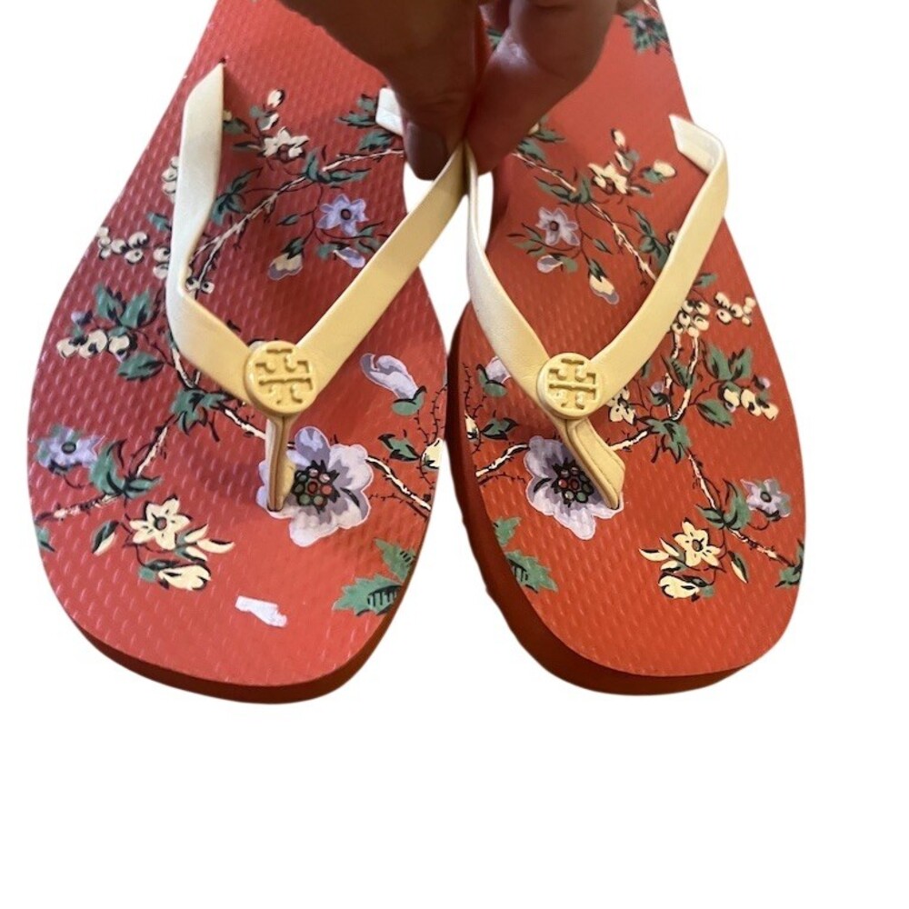 Tory Burch Floral Flip Flop Thong Sandals Orange Womens Size 10